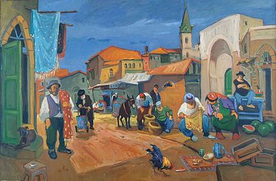 אבי שוורץ (1938-), שמן על בד, השוק ביפו, 100X150ס"מ, חתום. עבודה גדולה ומרשימה. לדברי הצייר 