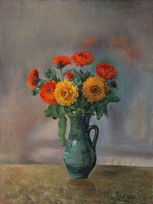 אן מדלי (1896-1991), אגרטל חרציות על שולחן שיש, שמן על בד, 65X50, חתום. עבודה גדולה ומרשימה. 