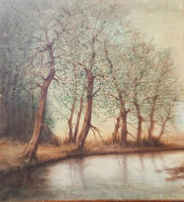 ליאון (לאון) פטילון, יהודה (הצייר הקדוש) (נפטר 1974), שמן על בד מוצמד ללוח, נוף פסטורלי 