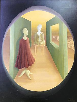 רחל דוידוביצ'י (Raquel Davidovici), שמן על בד, סוריאליסטי פנטסטי, 80X60 ס"מ, חתום ומתוארך 1978.