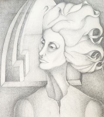 רחל דוידוביצ'י (Raquel Davidovici), רישום עם נייר, דמות אישה, 42X38ס"מ, חתום ומתוארך 1976.