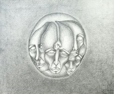 רחל דוידוביצ'י (Raquel Davidovici), רישום על נייר, פרצופים, 40X33ס"מ, חתום ומתוארך 1975. מקור: