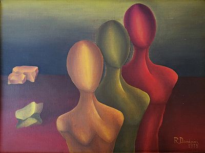 רחל דוידוביצ'י (Raquel Davidovici), שמן על בד, דמויות בצבע, 40X30 ס"מ, חתום ומתוארך 1975.