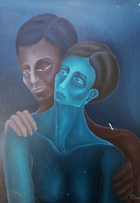 רחל דוידוביצ'י (Raquel Davidovici), שמן על בד, זוג אוהבים, 55X40 ס"מ, חתום ומתוארך 1974. ציירת
