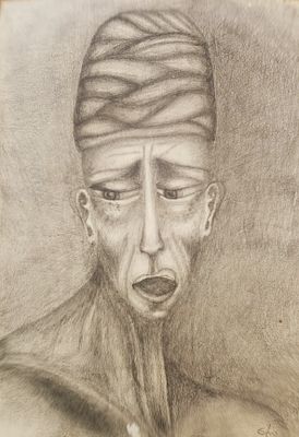 אמן לא מזוהה, גרפיט על נייר, דמות, 50X35ס"מ, חתום ומתוארך 1972. מקור: עיזבון הציירת רחל