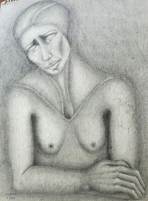 רחל דוידוביצ'י (Raquel Davidovici), גרפיט על נייר, דמות אישה, 47X34ס"מ, חתום ומתוארך 1973.