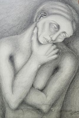 רחל דוידוביצ'י (Raquel Davidovici), גרפיט על נייר, דמות, 50X35ס"מ, חתום ומתוארך 1973. מקור:
