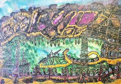 מנחם מסינגר (1898-1987), גואש על נייר, נוף עירוני נאיבי, 50X35ס"מ, חתום. מהאמנים החשובים בזרם