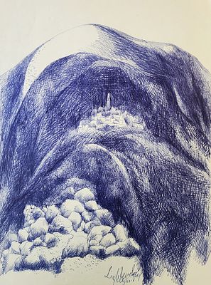 יצחק ליכטנשטיין (1888-1981), עט כחול על נייר, כפר בהרים, 32X25ס"מ, חתום. עבודותיו נדירות.
