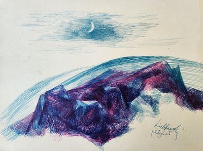 יצחק ליכטנשטיין (1888-1981), עטים צבעוניים על נייר, הרים בלילה, 32X24ס"מ, חתום. עבודותיו
