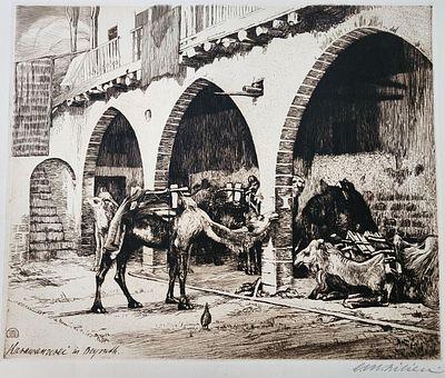 אפרים משה ליליין (1874-1925), תחריט גדול מאוד, קרוואן בבירות, גודל הדף 65X56ס"מ, חתום. 1914.