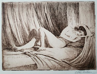 אפרים משה ליליין (1874-1925), תחריט, אישה במנוחה, גודל הנייר 51X40ס"מ, חתום. 1915.