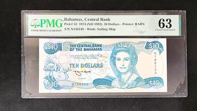 בהמאס- BAHAMAS- פיק 53- משנת 1974, 10 דולר, UNC. מדורג PMG 63. המלכה אליזבת II.