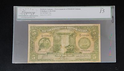 גויאנה הבריטית- BRITISH GUIANA, מצב FINE, עריך של 5 דולר, משנת 1938. מאחור המלך ג'ורג ה-VI. פיק 