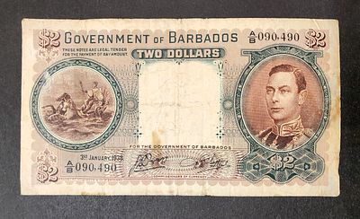 ברבדוס- BARBADOS- פיק 3 משנת 1938, 2 דולר, FINE. המלך ג'ורג ה-VI. נדיר מאוד!
