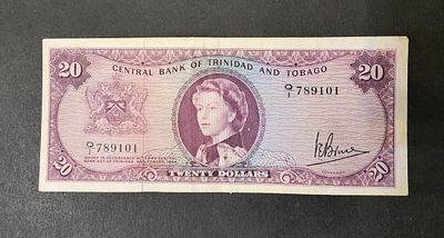 טרינידד וטובגו- TRINIDAD AND TOBAGO- פיק 29c משנת 1964, 20 דולר, VF. כמה חורי סיכה. המלכה 