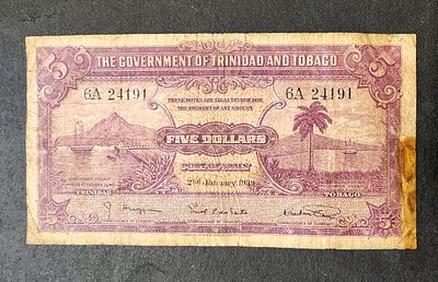 טרינידד וטובגו- TRINIDAD AND TOBAGO- פיק 7b משנת 1939, 5 דולר, FINE. נדיר!! שאריות הדבקה צד 