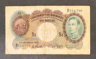 ברבדוס- BARBADOS- עריך של 1 דולר 1939, Fine, פיק 2b. המלך ג'ורג ה-VI.