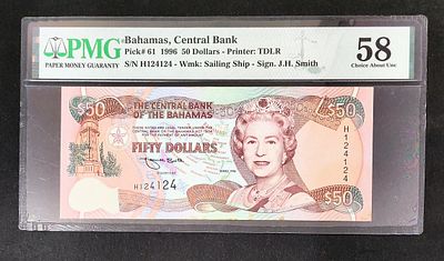 בהמאס- BAHAMAS- פיק 61, משנת 1996, 50 דולר, AU-UNC. מדורד PMG 58. המלכה אליזבת ה-II. נדיר!!