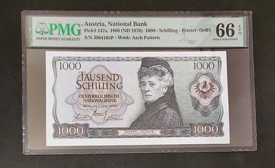 אוסטריה AUSTRIA- משנת 1966, עריך 1000 שילינג, UNC. מדורג 66 EPQ. מציאה!!