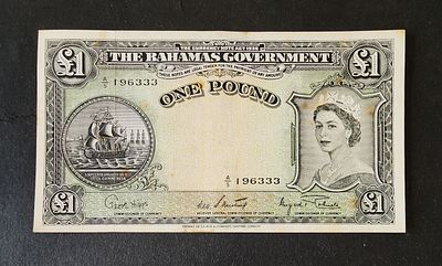 בהמאס- BAHAMAS, פיק 15c, משנת 1953, 1 פאונד, VF-XF. כתמים. המלכה אליזבת ה-II.