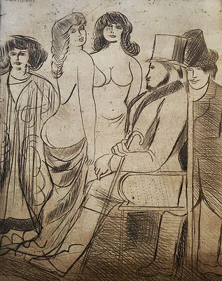 דוד שניאור (1905-1988), תצריב על נייר, דמויות, גודל הפלטה 25X20ס"מ, חתום. סימני גיל.