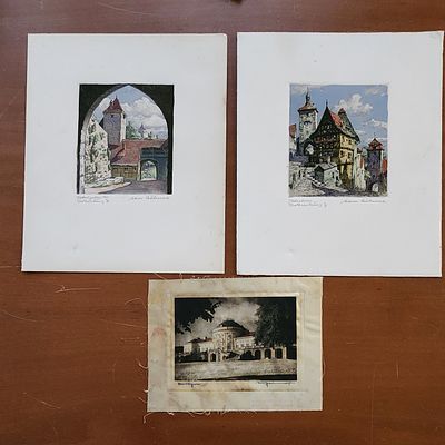 אמנים לא מזוהים, 3 תחריטים והדפסים (2 על נייר ואחד על משי), מבנים עתיקים, גודל פלטה ממוצע 