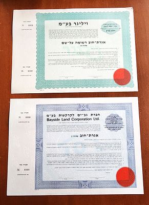 מניות ישראליות- 2 מניות ישראליות דוגמא SPECIMEN !! מספר סידורי 0000. נדיר!