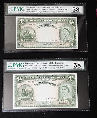 בהמאס- BAHAMAS- זוג שטרות מספרים עוקבים, פיק 13c, משנת 1936, 4 שילינג, AU-UNC. מדורג PMG 58. 