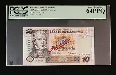 סקוטלנד- SCOTLAND, פיק 120 ספסימן SPECIMEN !! משנת 1995, 10 פאונד, UNC. מדורג PCGS 64 PPQ.