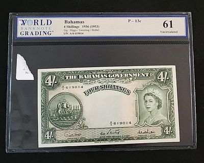 בהמאס- BAHAMAS- פיק 13c, משנת 1936, 4 שילינג, UNC. מדורג 61. המלכה אליזבת ה-II.