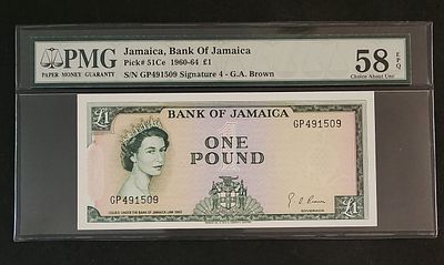 ג'מייקה- JAMAICA, פיק 51Ce, משנת 1960-1964, 1 פאונד, AU-UNC, . מדורג PMG 58 EPQ. המלכה אליזבת ה-II.