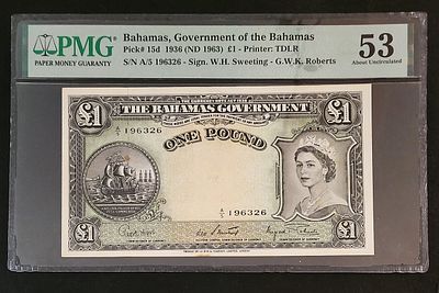 בהמאס- BAHAMAS, פיק 15d, משנת 1963, 1 פאונד, AUNC, . מדורג PMG 53. המלכה אליזבת ה-II.