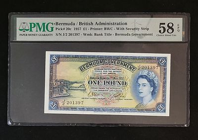 ברמודה- BERMUDA, פיק 20c, משנת 1957, 1 פאונד, AU-UNC, . מדורג PMG 58 EPQ. המלכה אליזבת ה-II.