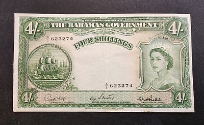 בהמאס- BAHAMAS- פיק 13c, משנת 1936, 4 שילינג, VF+. המלכה אליזבת ה-II.