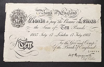 אנגליה- GREAT BRITAIN- שטר 10 פאונד, 1935, מבצע ברנדוט, VG.