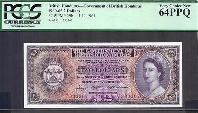 בריטיש הונדורס- BRITISH HONDURAS- פיק 29b, משנת 1961, 2 דולר, UNC. מדורג PCGS 64 PPQ. המלכה 