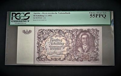 אוסטריה- AUSTRIA- פיק 130 משנת 1951, 50 שילינג, AU-UNC. מדורג PCGS 55 PPQ. נדיר במצבו.