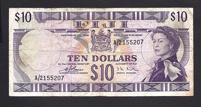 פיג'י- FIJI, פיק 74a, משנת 1974, 10 דולר, VF. המלכה אליזבת ה-II.