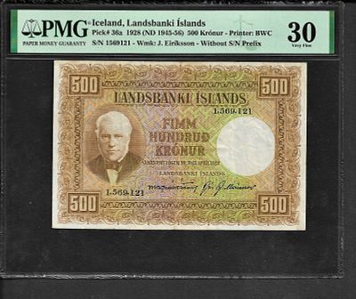איסלנד- ICELAND, פיק 36a, משנת 1945, 500 קרונור, VF. מדורג PMG 30.