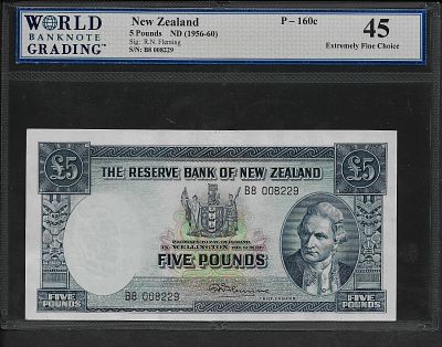 ניו זילנד- NEW ZEALAND, פיק 160c, עריך של 5 פאונד, 1956-60. מדורג 45, XF+.