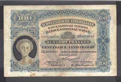 שוויץ - SWITZERLAND, פיק 6d, עריך של 100 פראנק, 1920. FINE. תאריך מוקדם ונדיר!