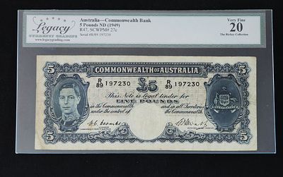 אוסטרליה- AUSTRALIA , פיק 27c, עריך של 5 פאונד, 1949. VF. מדורג LEGACY 20.