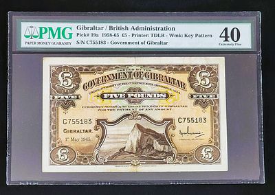 גיברלטר- GIBRALTAR, פיק 19a, עריך של 5 פאונד, 1965. XF. מדורג PMG 40.
