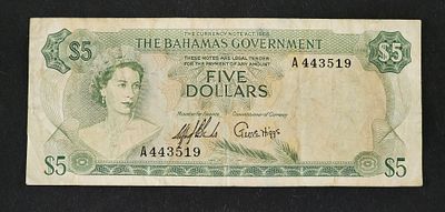 בהמאס- BAHAMAS, פיק 20a, עריך של 5 דולר, 1965. aVF, המלכה אליזבת ה-II..