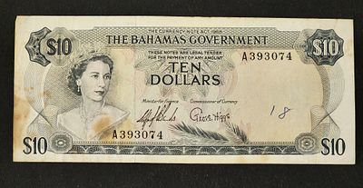בהמאס- BAHAMAS, פיק 22a, עריך של 10 דולר, 1965. VF, המלכה אליזבת ה-II..
