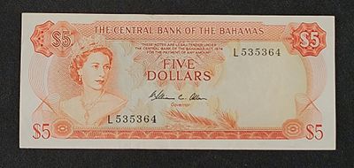 בהמאס- BAHAMAS, פיק 37b, עריך של 5 דולר, 1974. VF, המלכה אליזבת ה-II.