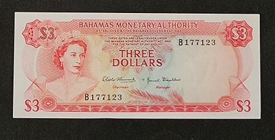 בהמאס- BAHAMAS, פיק 28, עריך של 3 דולר, 1968. UNC, המלכה אליזבת ה-II.