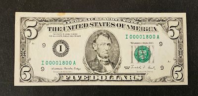 ארה"ב- USA, שטר 5 דולר, 1988, מספר סידורי מיוחד 00001800. VF.