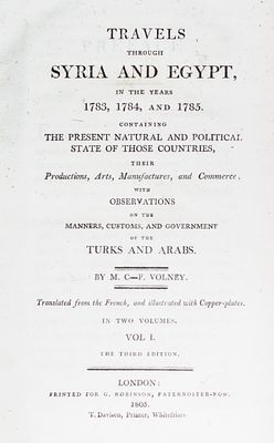 ספר מסעות בסוריה ובמצרים, Constantin Francois Volney, שני כרכים, לונדון, 1805. מצב טוב.
כותר: 